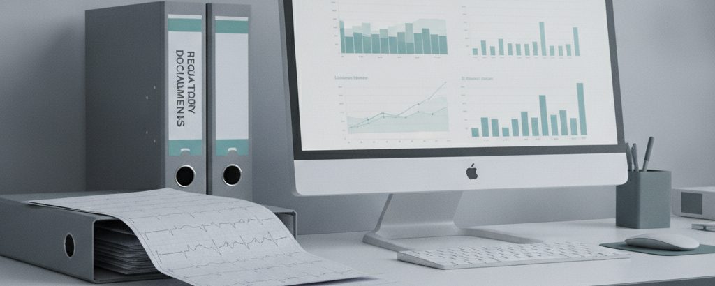ECG printouts and regulatory documents on a clinical desk with a data monitor