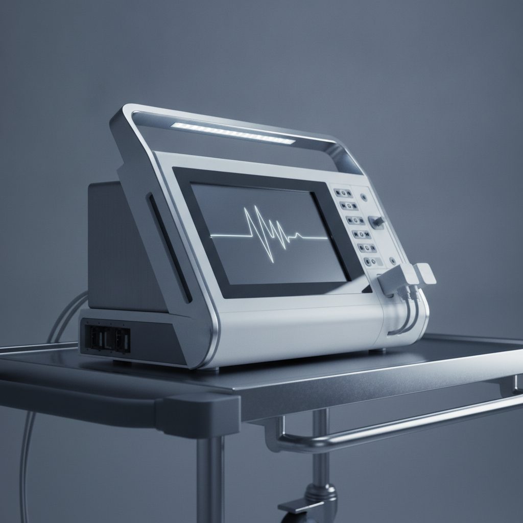 Modern cardiac monitor device on a clinical trolley in a neutral hospital setting