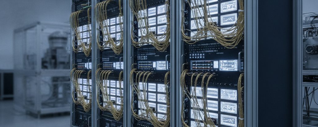 Elektronik-Racks eines Quantencomputer-Systems mit Messing-Kabeln und Chrom-Gestell in einem Universitätslabor