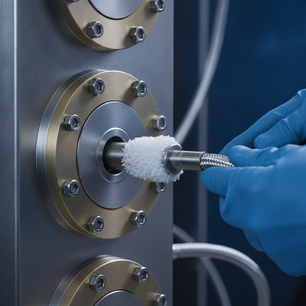 Kryostat-Außenansicht mit Messing-Flanschen und vereistem Kaltfinger in einem Quantencomputing-Labor