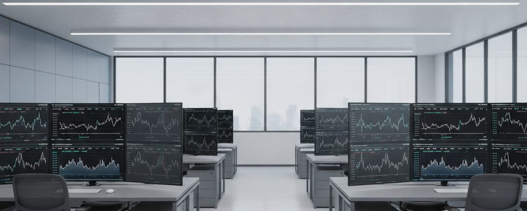 Moderne Handelsräume mit Monitoren und Börsencharts – symbolisch für einen bevorstehenden KI-Börsengang