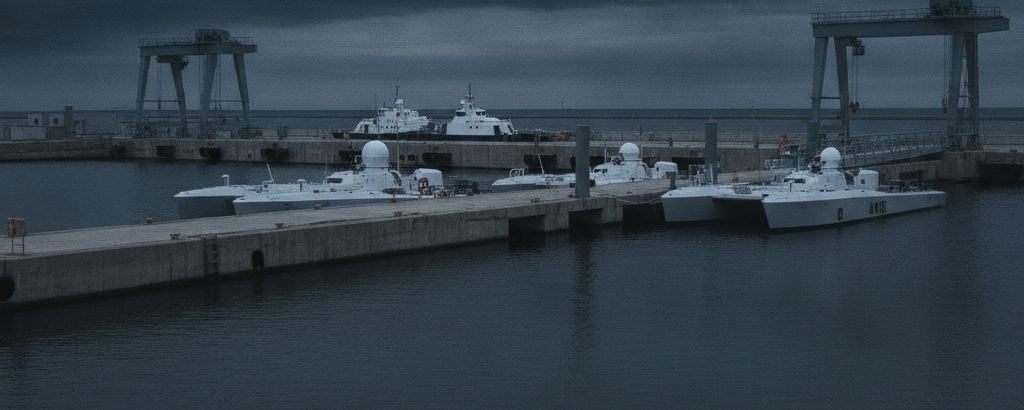 Test facility for autonomous surface vessels under an overcast sky in slate gray and navy blue