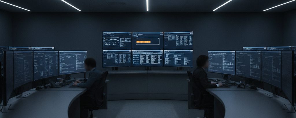 Sicherheitsanalysten in einem Behörden-SOC beobachten Incident-Dashboards auf mehreren Bildschirmen