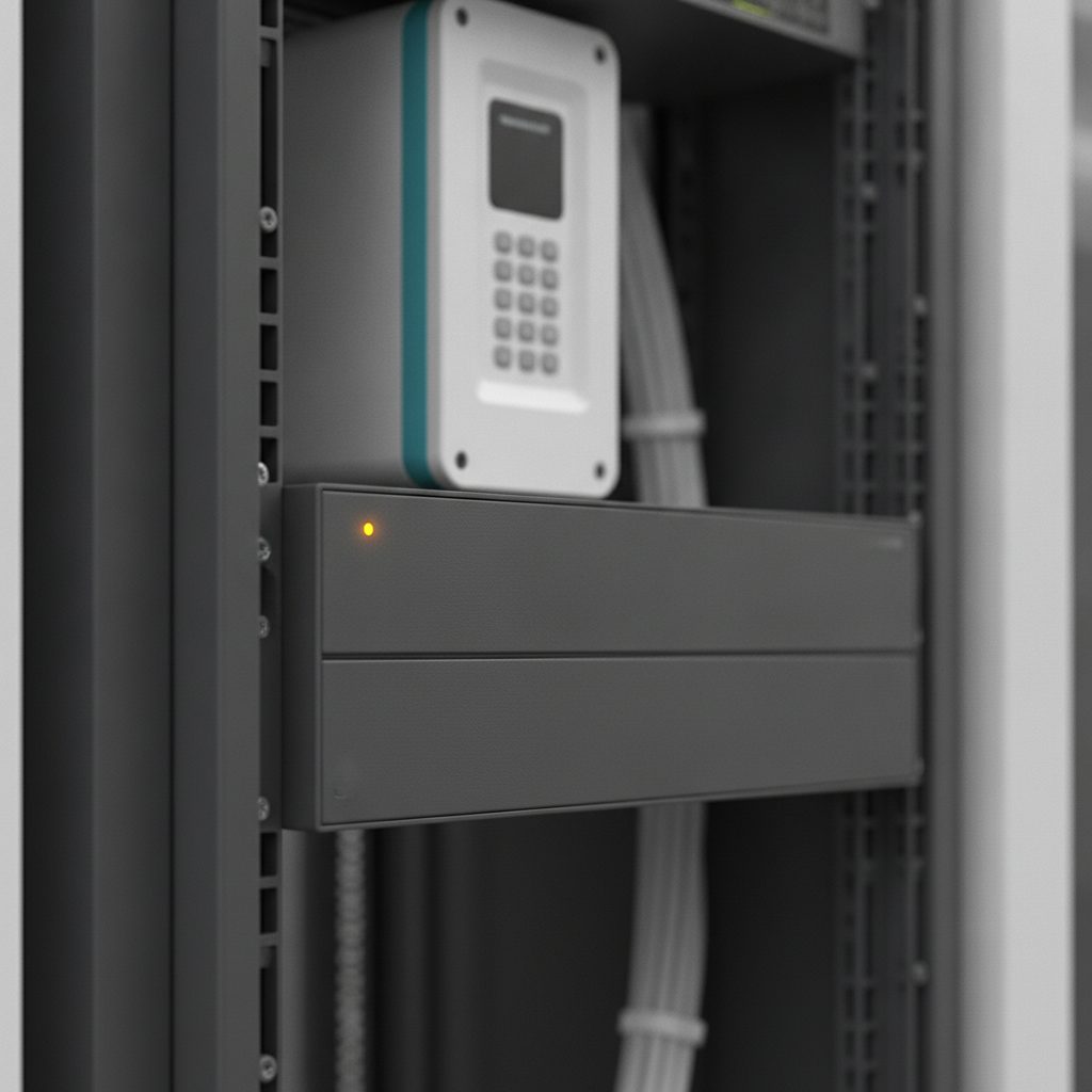 Hardware-Sicherheitsmodul in einem Server-Rack mit Zugangslesegerät im Hintergrund