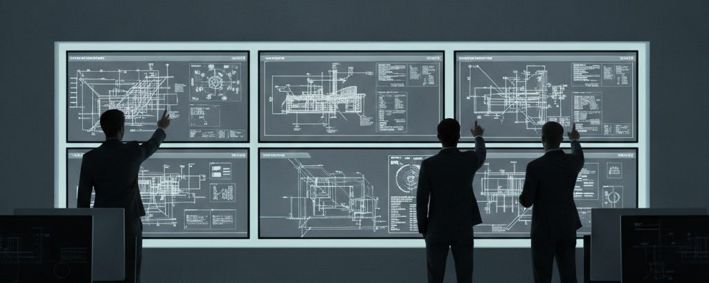 Ingenieure analysieren KI-Architekturdiagramme auf Bildschirmen in einem modernen Büro mit grauer Farbpalette