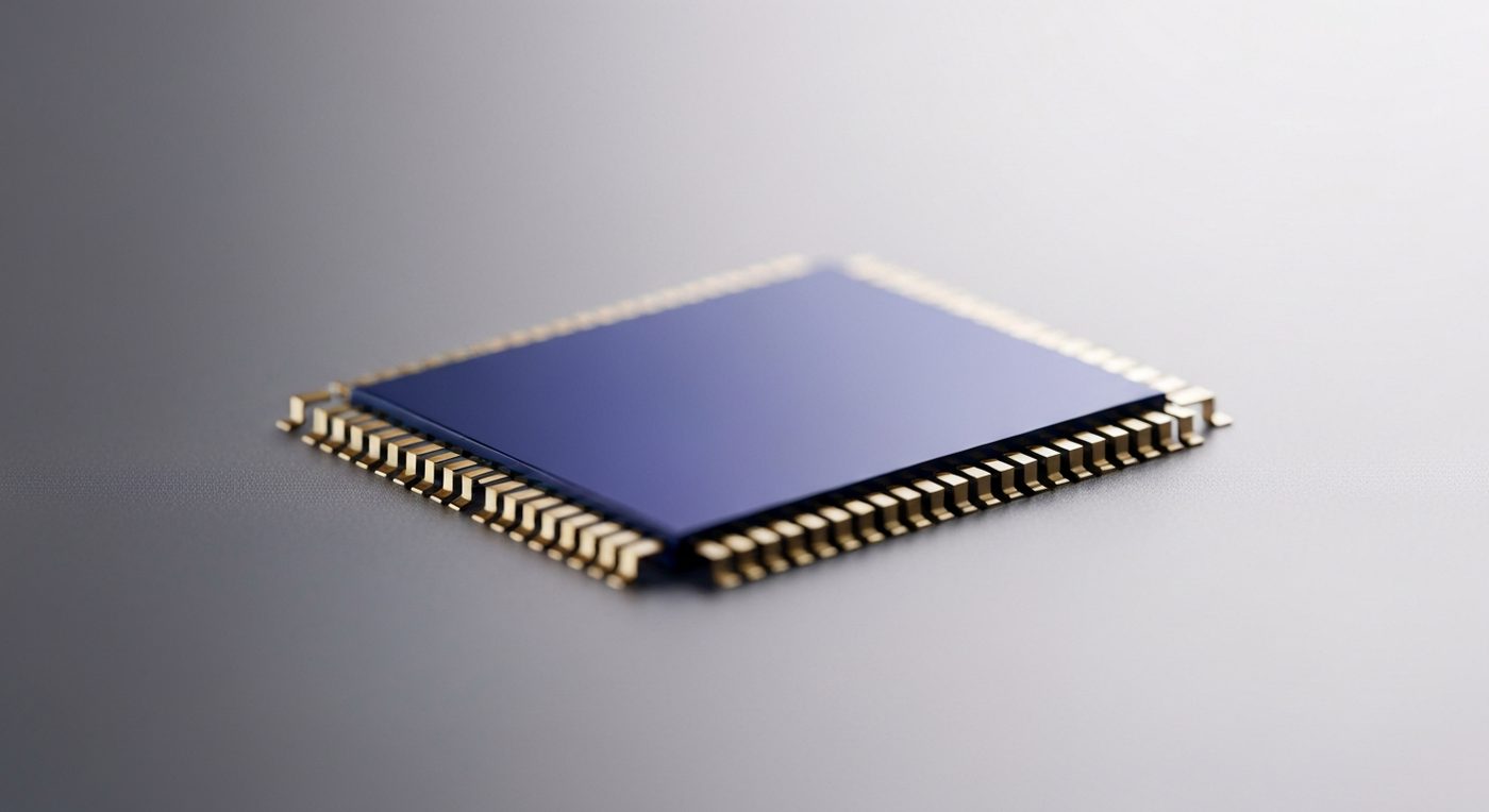 Makroaufnahme eines KI-Beschleuniger-Chips auf neutralem grauem Untergrund