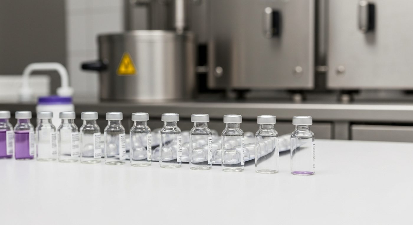 Sterile Glasampullen und Blisterpackungen auf einer weißen Oberfläche in einer pharmazeutischen Abfüllanlage