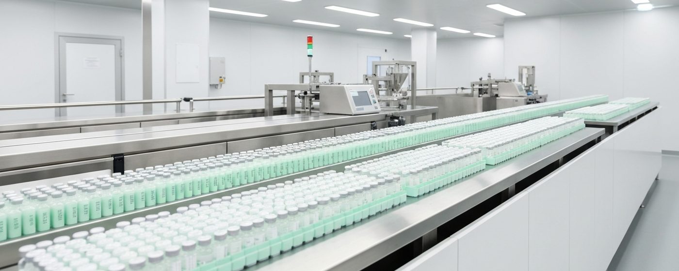 Sterile filling and manufacturing line in a pharmaceutical production facility with stainless steel surfaces and reagent vials