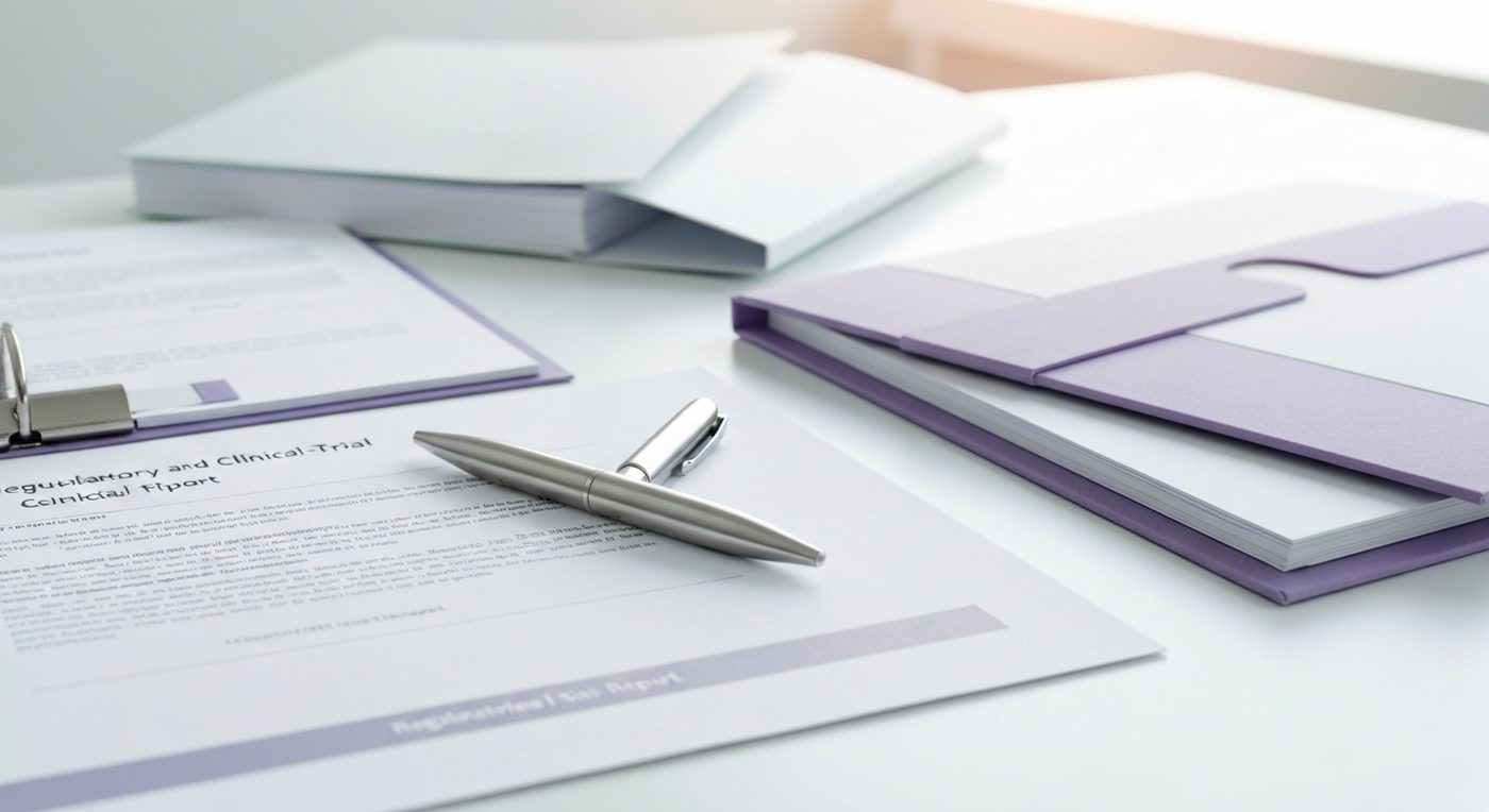 Clinical trial documentation and regulatory files on a white desk in a research environment