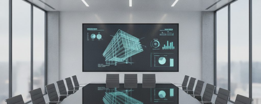 Moderner Konferenzraum mit Architekturdiagrammen auf Präsentationsbildschirm – Symbol für IPO-Vorbereitung