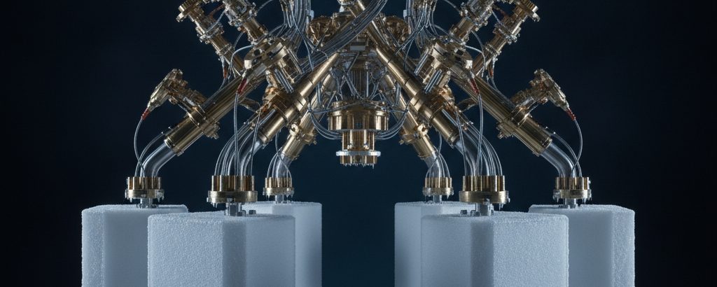 Dilutionskühler-Chandelier in einem Quantenlabor mit Messing- und Chromverbindungen vor tiefblauem Hintergrund