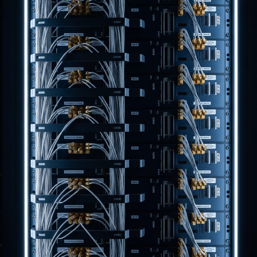 Steuerungselektronik-Rack eines Quantencomputers mit Verkabelung in Messing- und Silbertönen