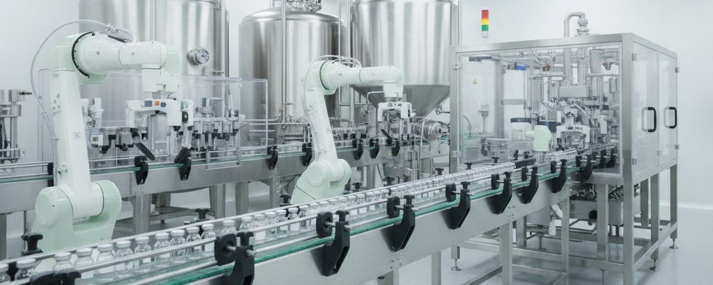Pharmaceutical filling line with glass vials on a conveyor belt in a sterile production facility