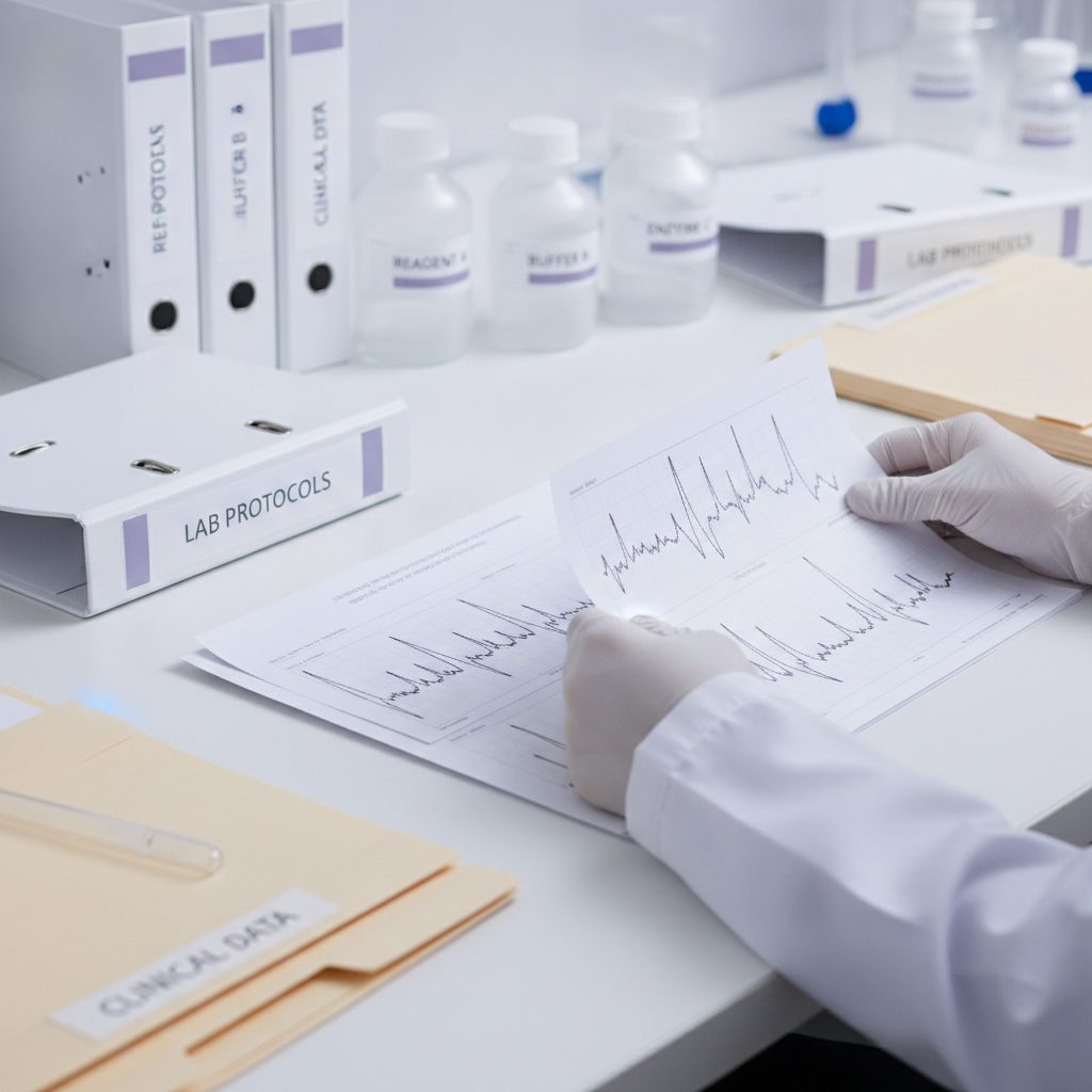 Researcher analyzing chromatogram printouts at a desk with regulatory documents