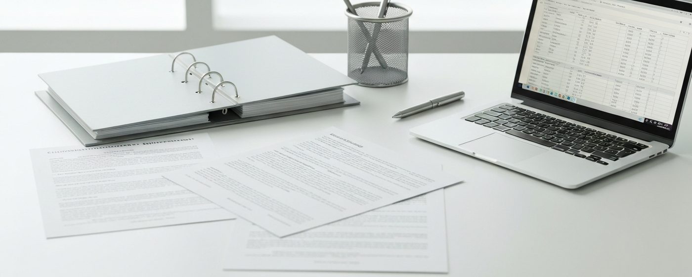 Klinische Studienunterlagen auf einem Forschungsschreibtisch mit Laptop und Protokollordner