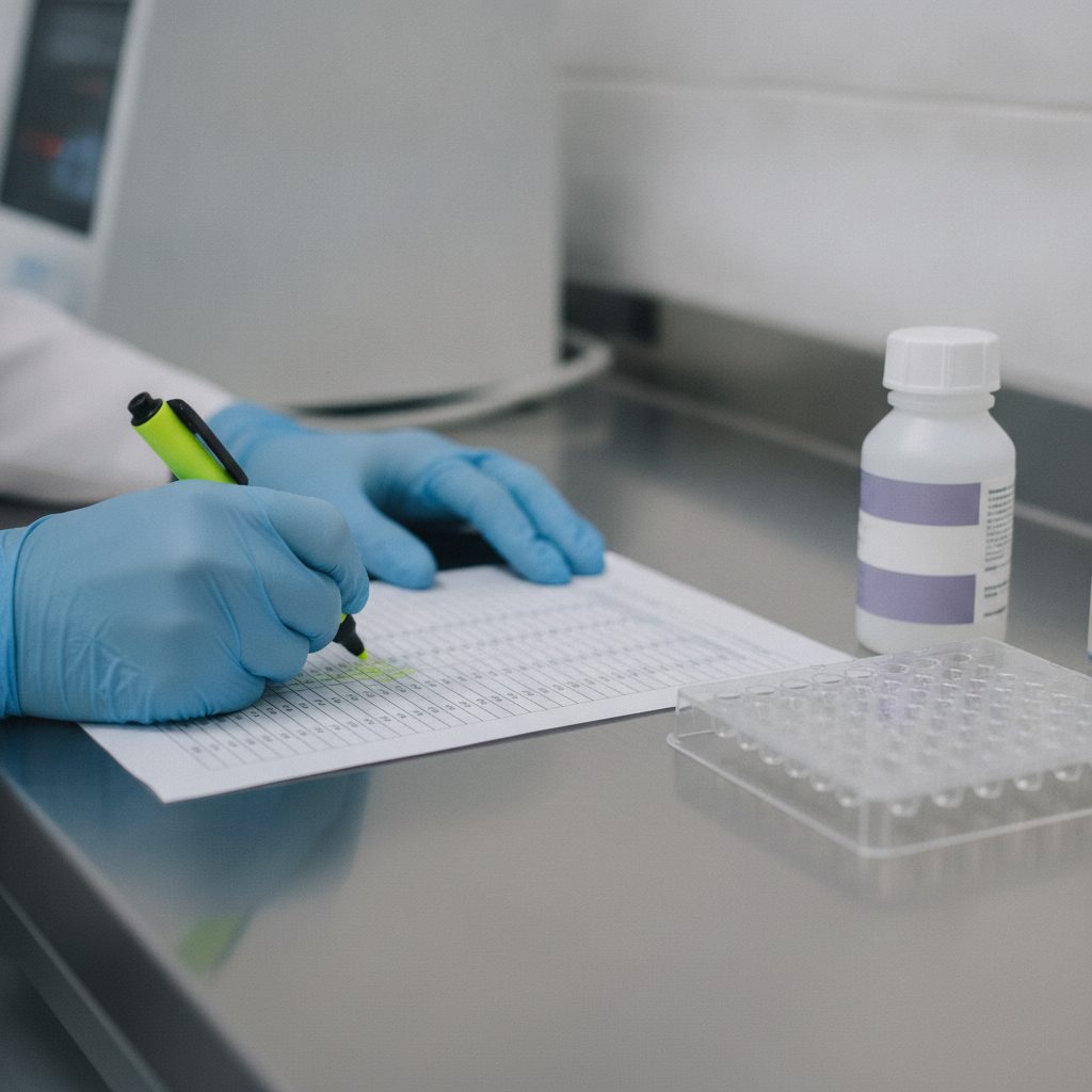 Forscherin markiert klinische Studiendaten auf einem Ausdruck neben einer Mikrotiterplatte