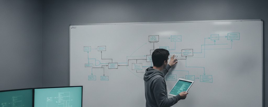 Sicherheitsanalyst prüft Architekturdiagramme auf einem Whiteboard in modernem Büro
