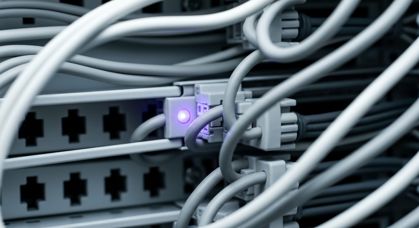 Server-Rack-Patchpanel mit geordneter Verkabelung in einem Rechenzentrum