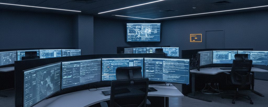 Analysts in a Security Operations Centre monitoring network dashboards on multiple screens
