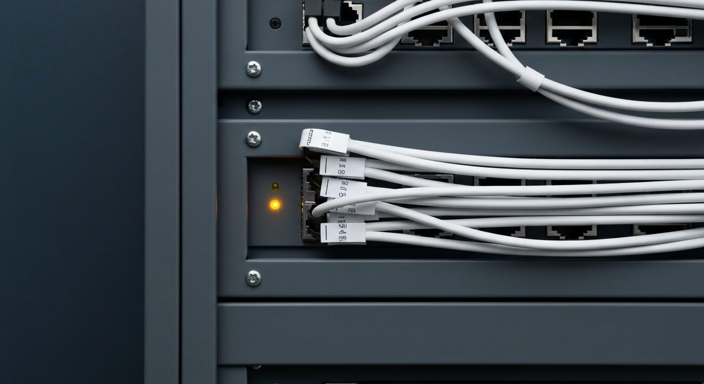 Network patch panel with structured cabling in a data center, an amber LED warning light glowing