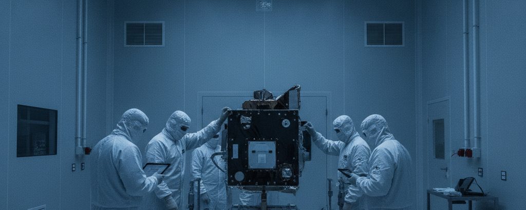 Satellit in Reinraumanlage mit Technikern in Schutzanzügen vor dem Start