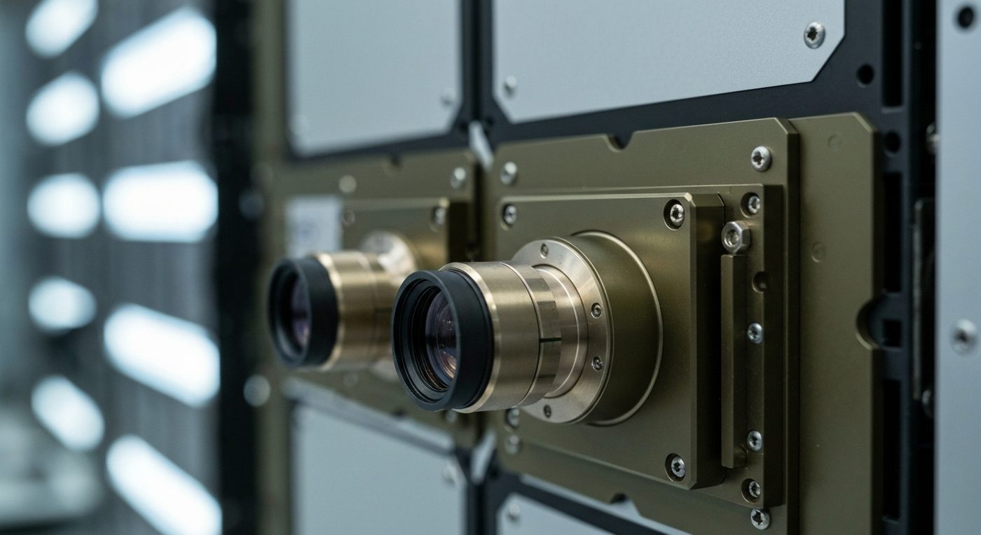 Optisches Laser-Kommunikationsterminal auf einem Satellitenpanel im Testlabor