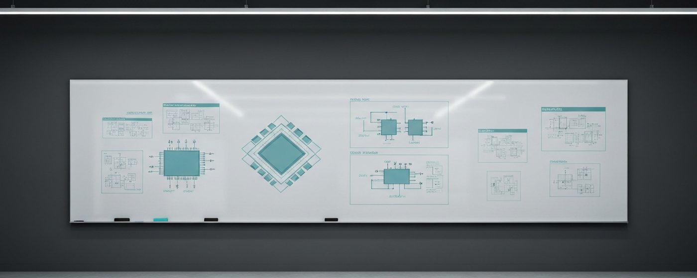 Whiteboard mit Chip-Architekturdiagrammen in einem modernen Engineering-Büro