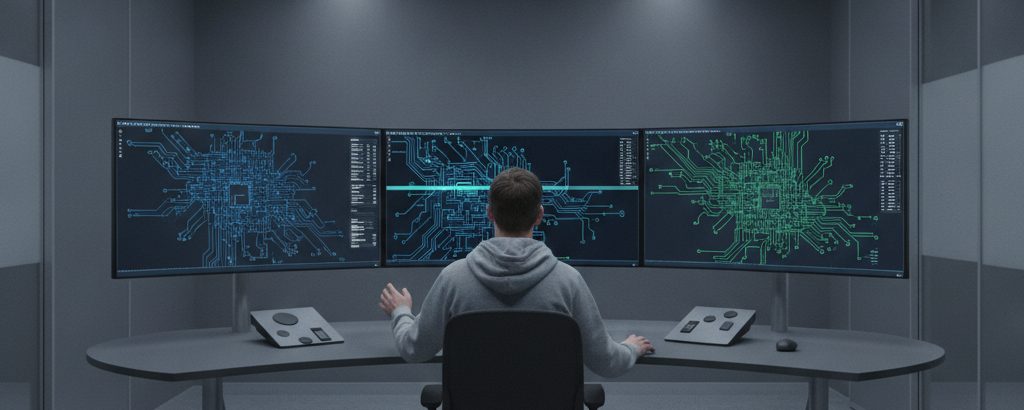Ingenieur analysiert Chip-Architekturdiagramme auf Monitoren in einem modernen Büro