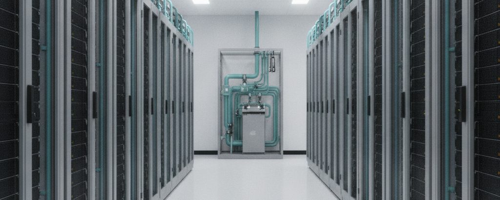 Flüssigkühlsystem in einem modernen KI-Rechenzentrum mit grauen Server-Racks und türkisfarbenen Kühlrohren