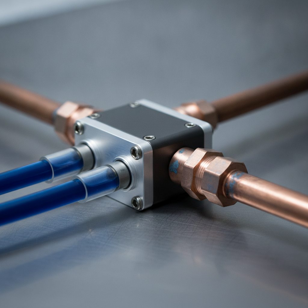 Nahaufnahme eines industriellen Flüssigkühlverteilers mit Kupferleitungen und indigofarbenem Kühlmittel