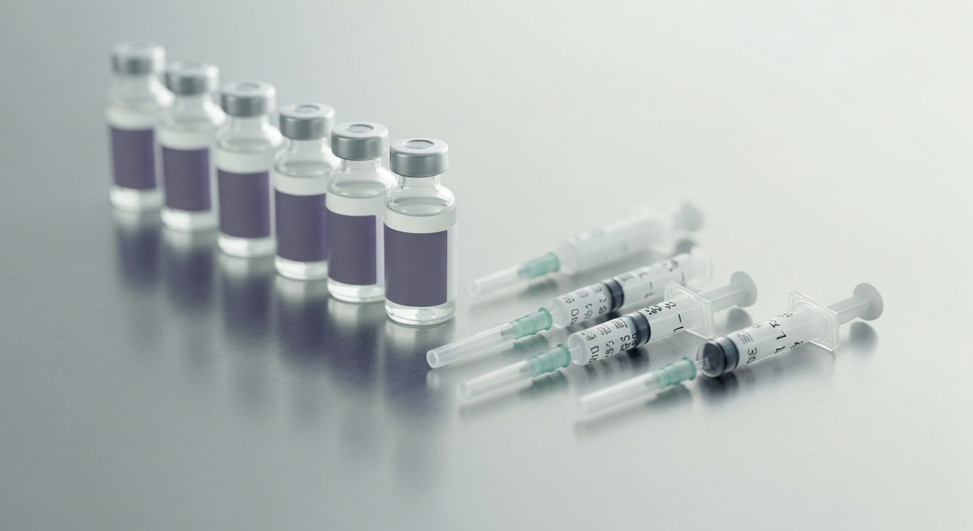 Pharmazeutische Durchstechflaschen und Fertigspritzen auf einer sterilen Edelstahloberfläche