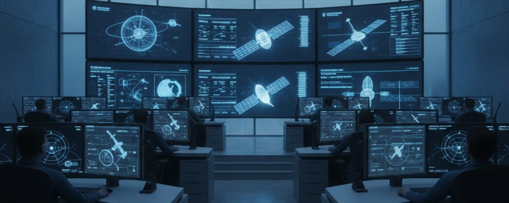 Mission control room with telemetry screens and operators in a blue-light atmosphere