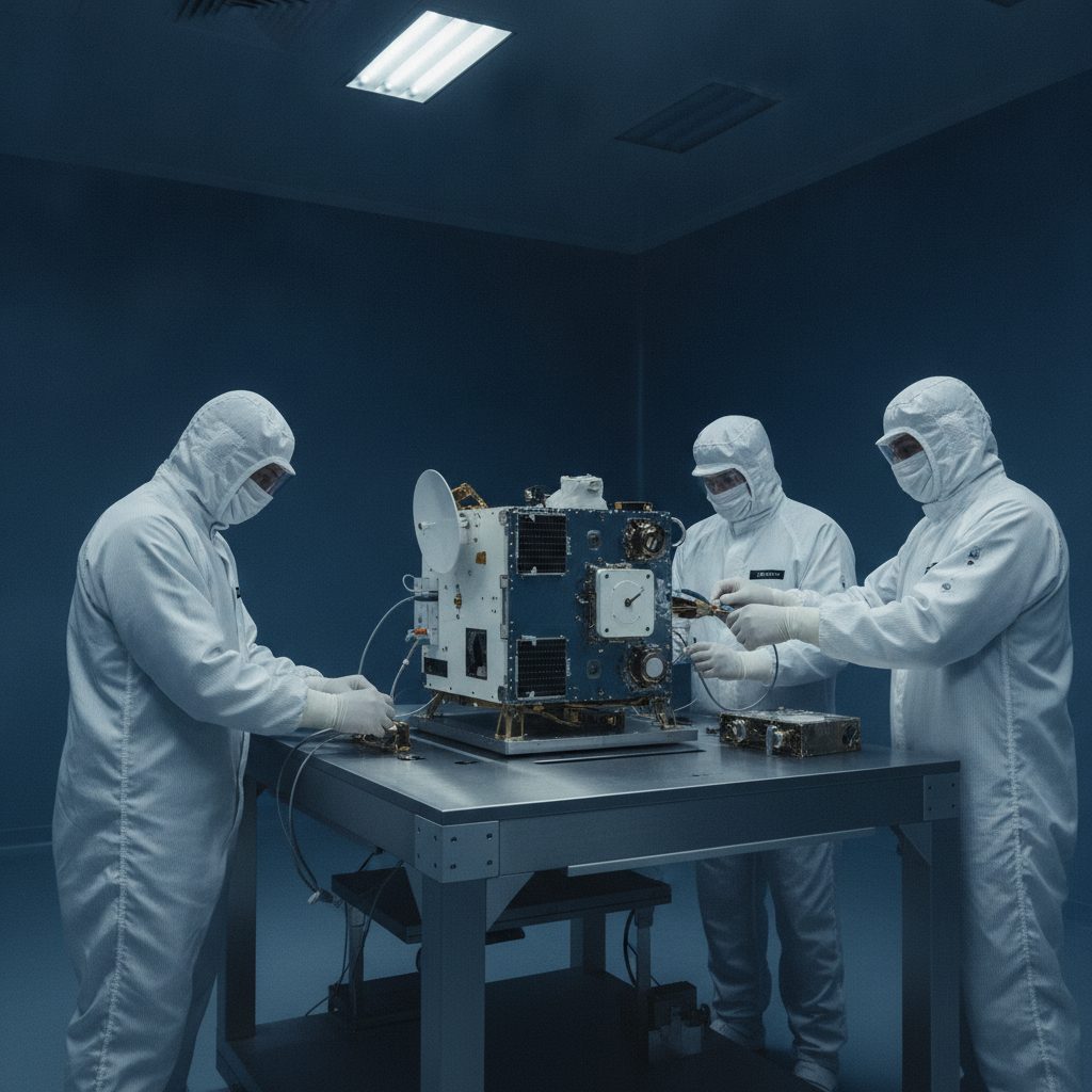 Satellite in a cleanroom on a test stand with technicians in protective suits
