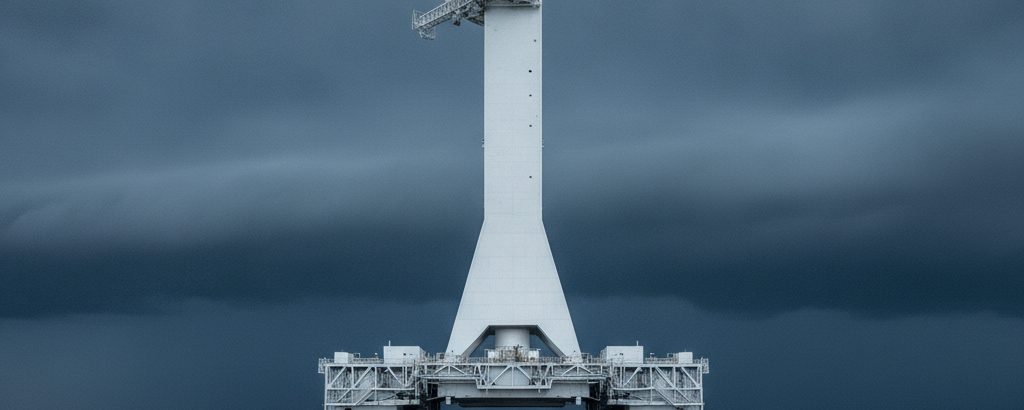 Startrampe einer Kleinrakete unter bedecktem Himmel in Norwegen, grau-weißes Stahl-Gerüst