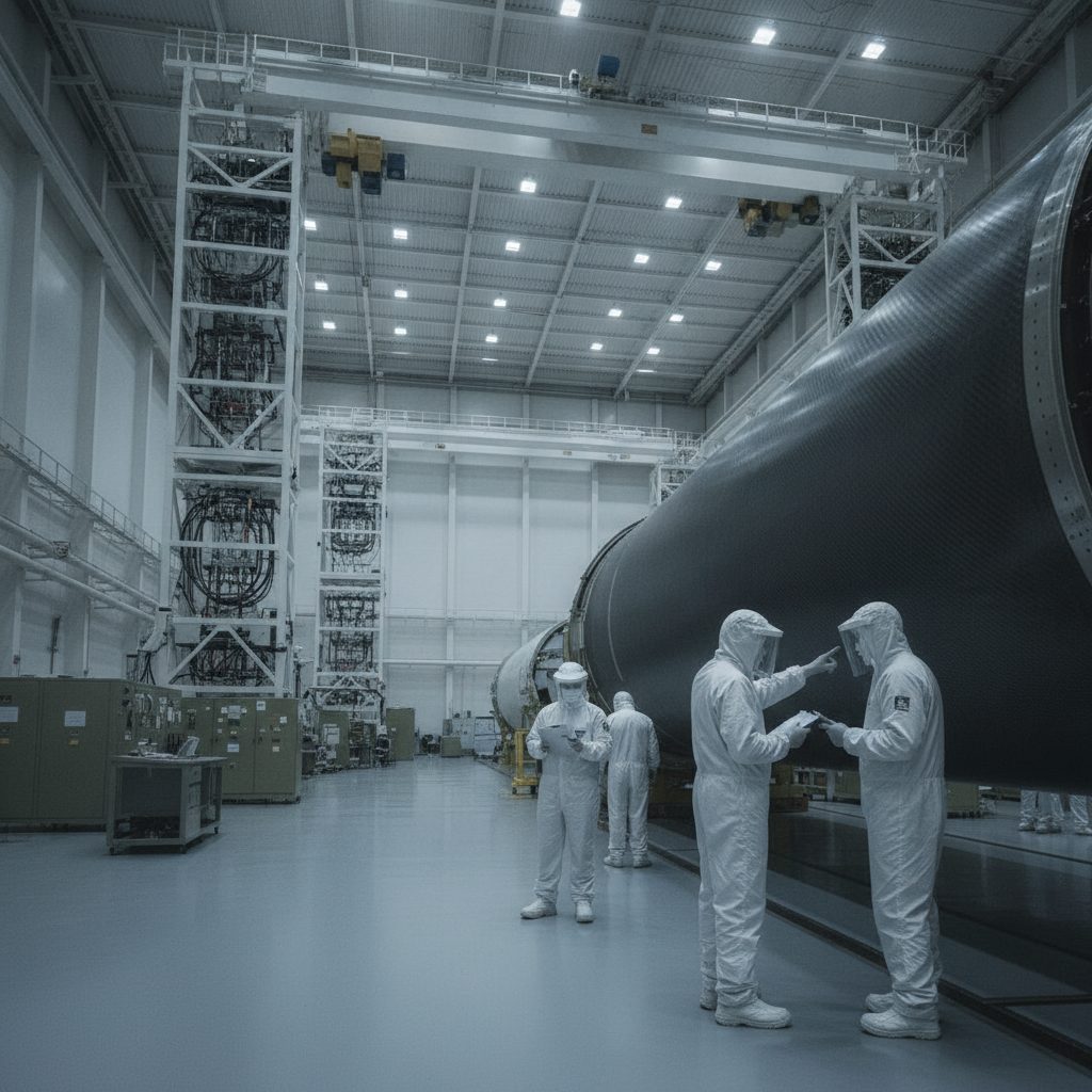 Techniker in Reinraum-Anzügen inspizieren ein Raketentriebwerk in einer Montagehalle