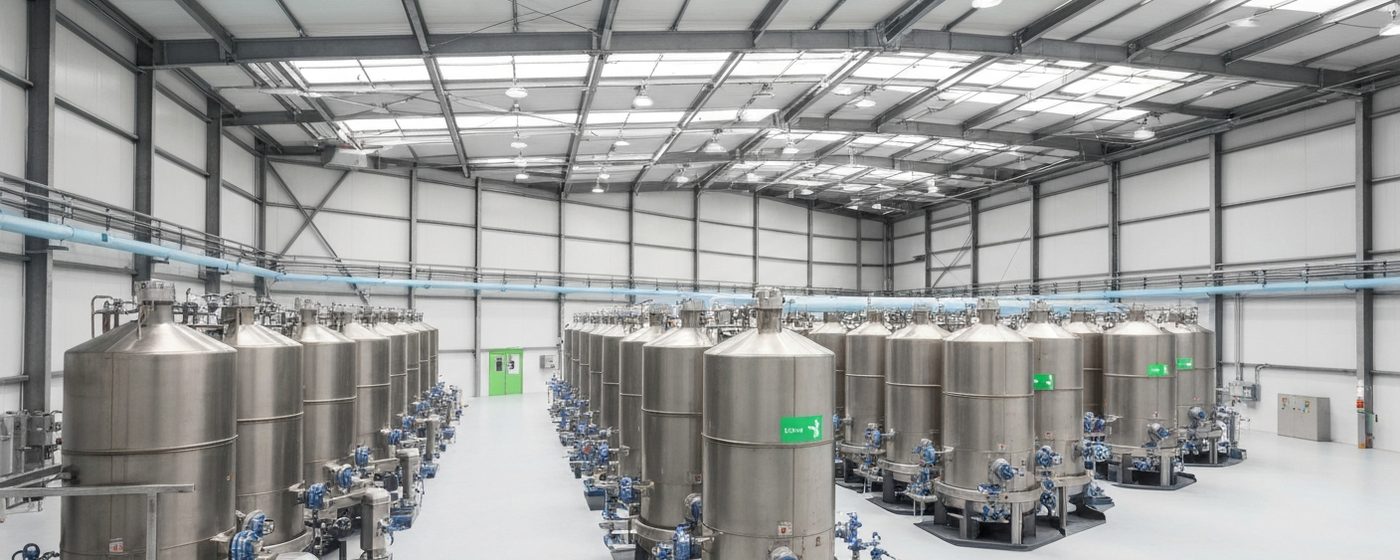 Industriehalle mit Elektrolyse-Stacks für grünen Wasserstoff in klarem Tageslicht