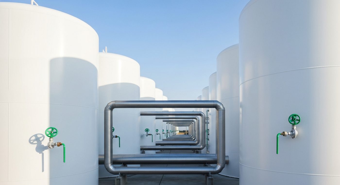 Wasserstoff-Drucktanks mit Rohrleitungen aus Stahl auf einem Industriegelände