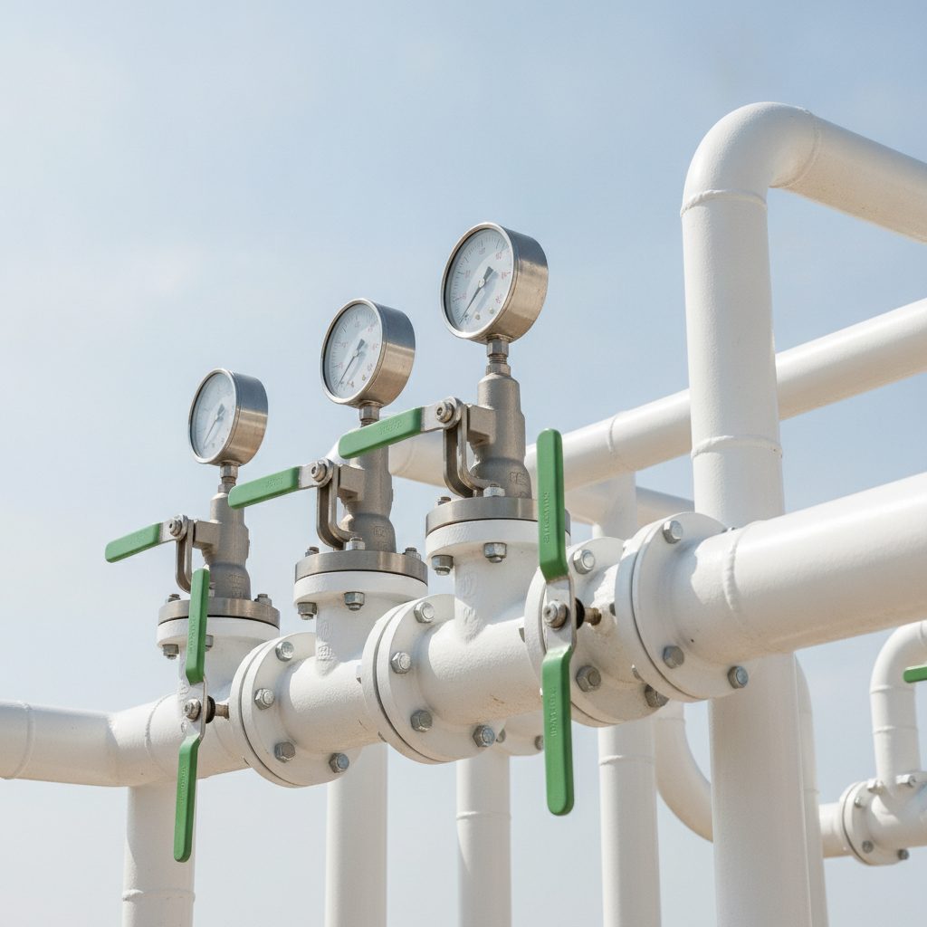 Wasserstoff-Rohrleitungen mit Druckmessern unter freiem Himmel – Infrastruktur für grünen Wasserstoff