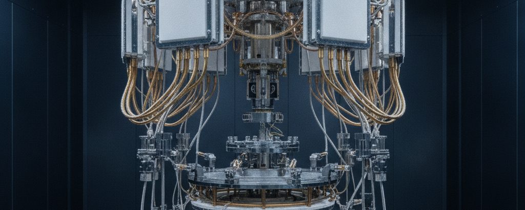 Dilution refrigerator system in a quantum laboratory with brass and chrome components against a deep blue background