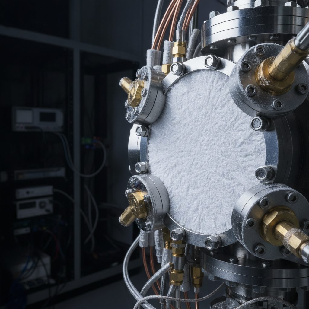 Cryostat outer shell made of stainless steel and brass in a quantum research laboratory