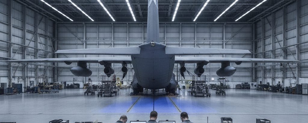 Technicians reviewing documents in a cargo aircraft hangar under cool industrial lighting