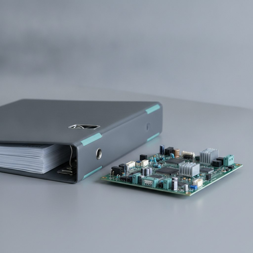 Avionics circuit board and certification documents on a gray surface