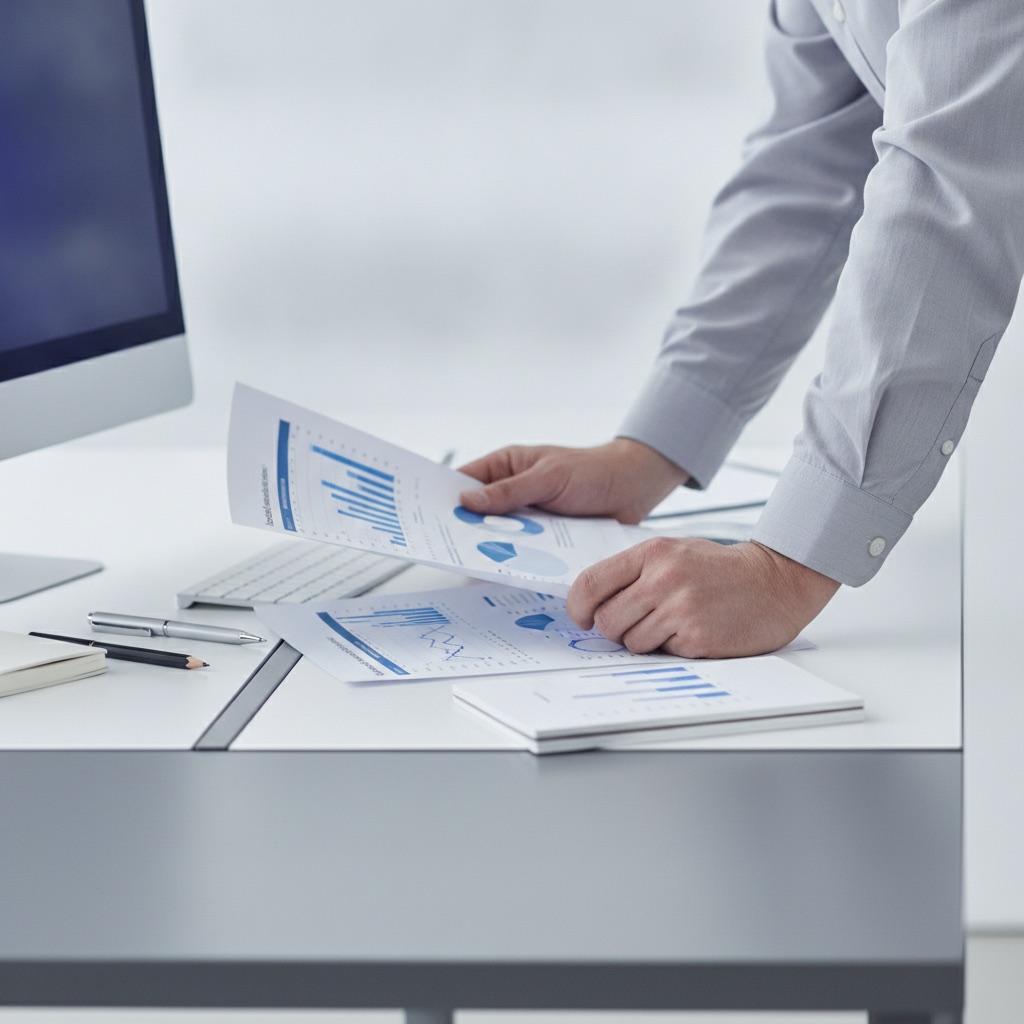Analyst wertet statistische Auswertungen einer klinischen Studie am Schreibtisch aus