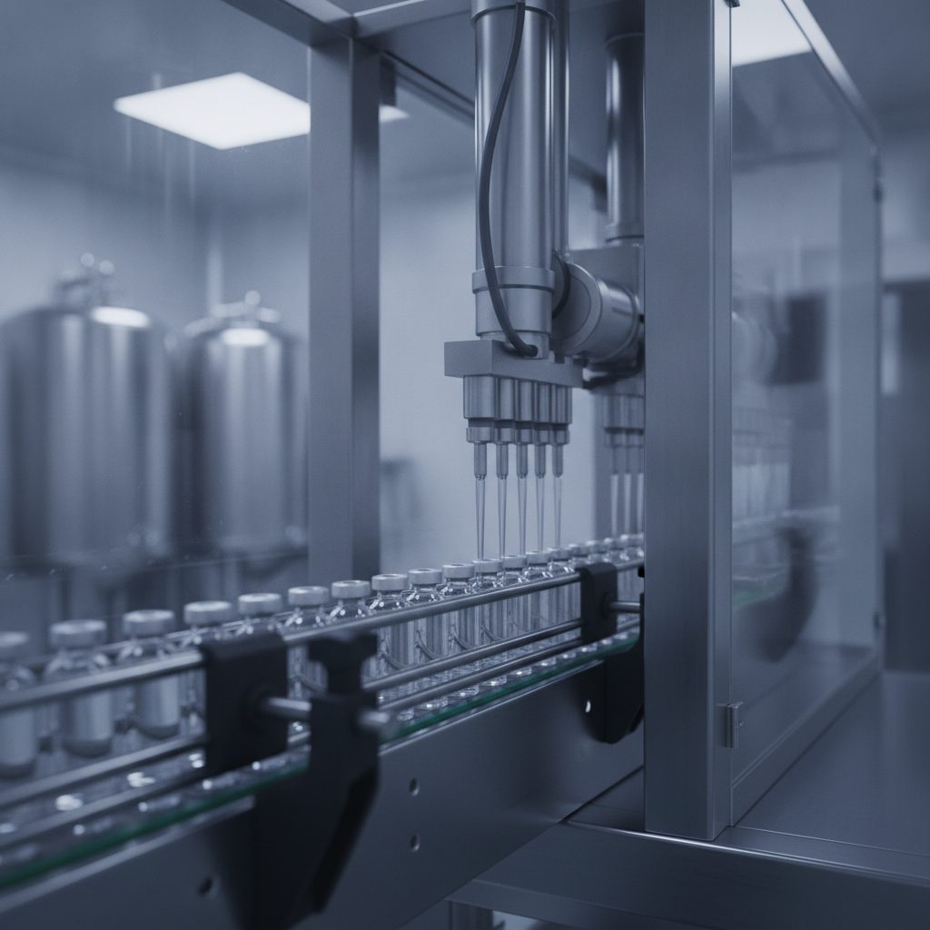 Sterile Abfüllanlage für Pharmazeutika mit Glasfläschchen auf einem Förderband — Kommerzialisierungsphase nach Zulassung