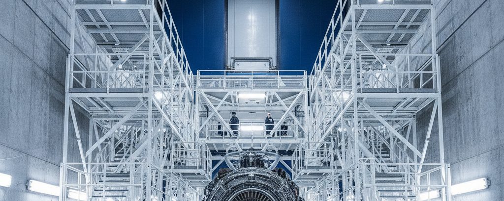 Techniker inspizieren Turbinenkomponenten in einem Industriehangar – Fertigungstiefe im Rüstungsbereich