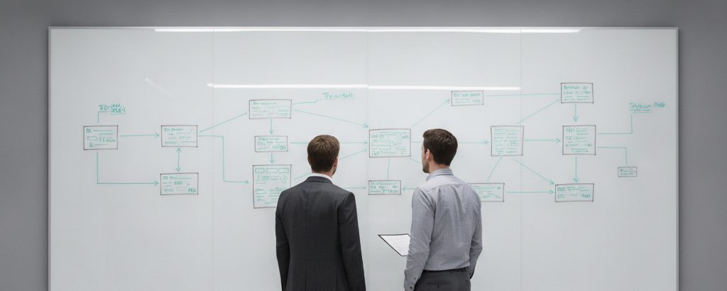 Zwei Ingenieure analysieren Sicherheitsarchitektur-Diagramme auf einem Whiteboard in einem ruhigen Büro
