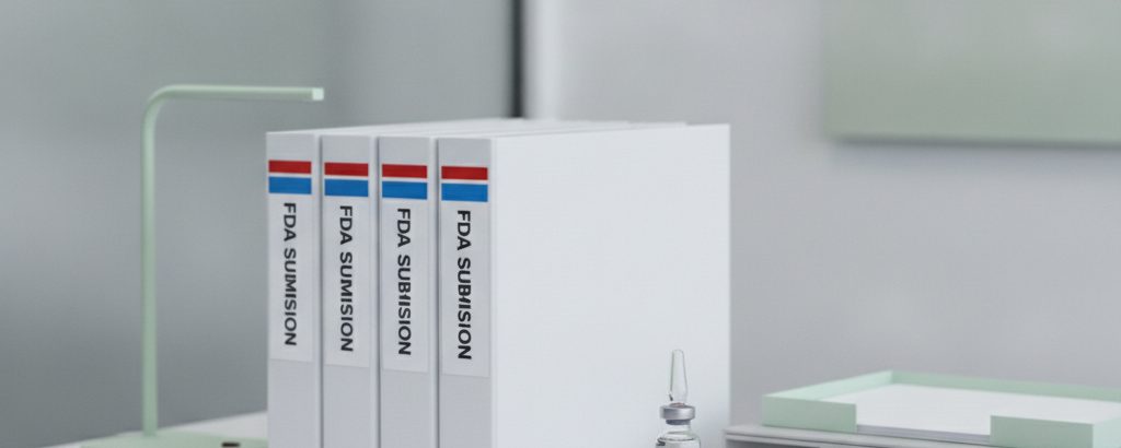 FDA regulatory documents and a medication vial on a biotech office desk