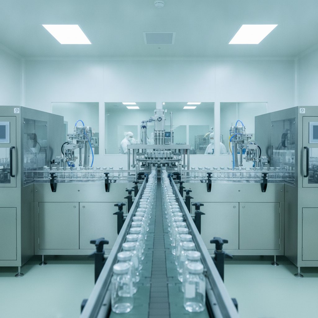 Sterile filling line in a gene therapy manufacturing facility with stainless steel glass vials
