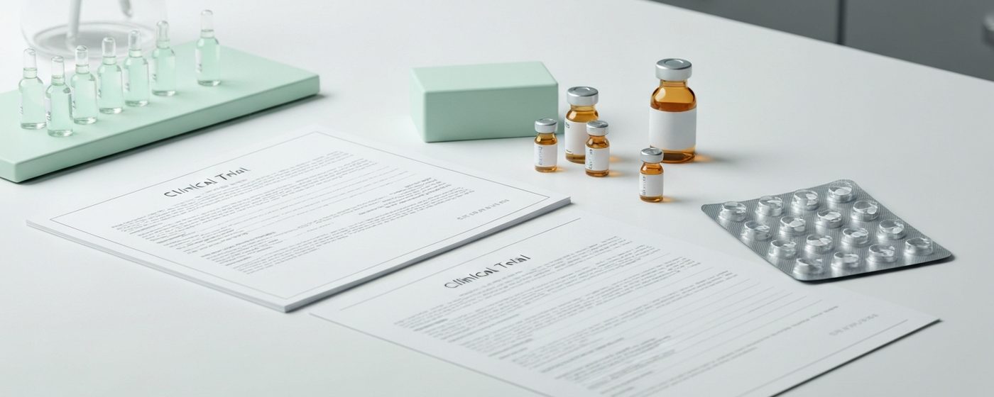 Clinical trial documentation with labeled vials and blister packs on a white laboratory bench