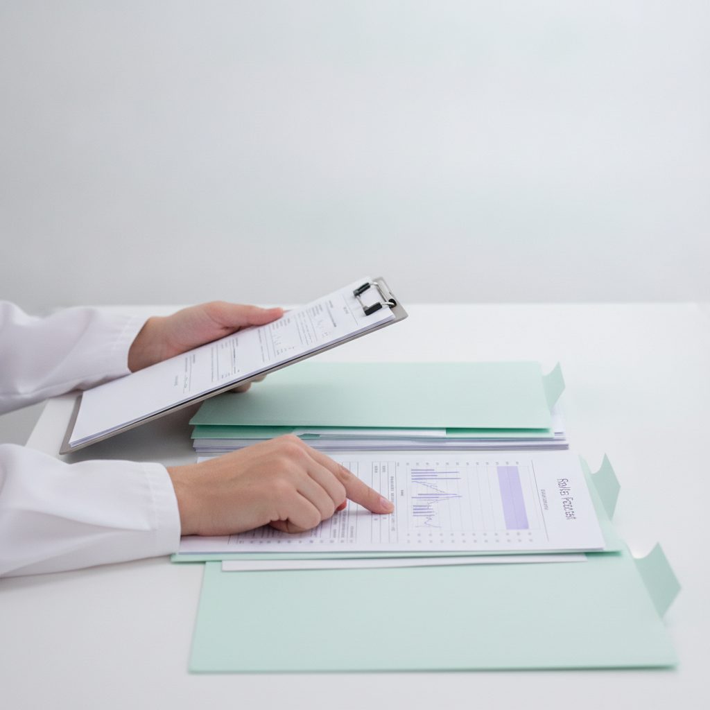 Researcher reviewing clinical documents and revenue guidance projections at a laboratory bench